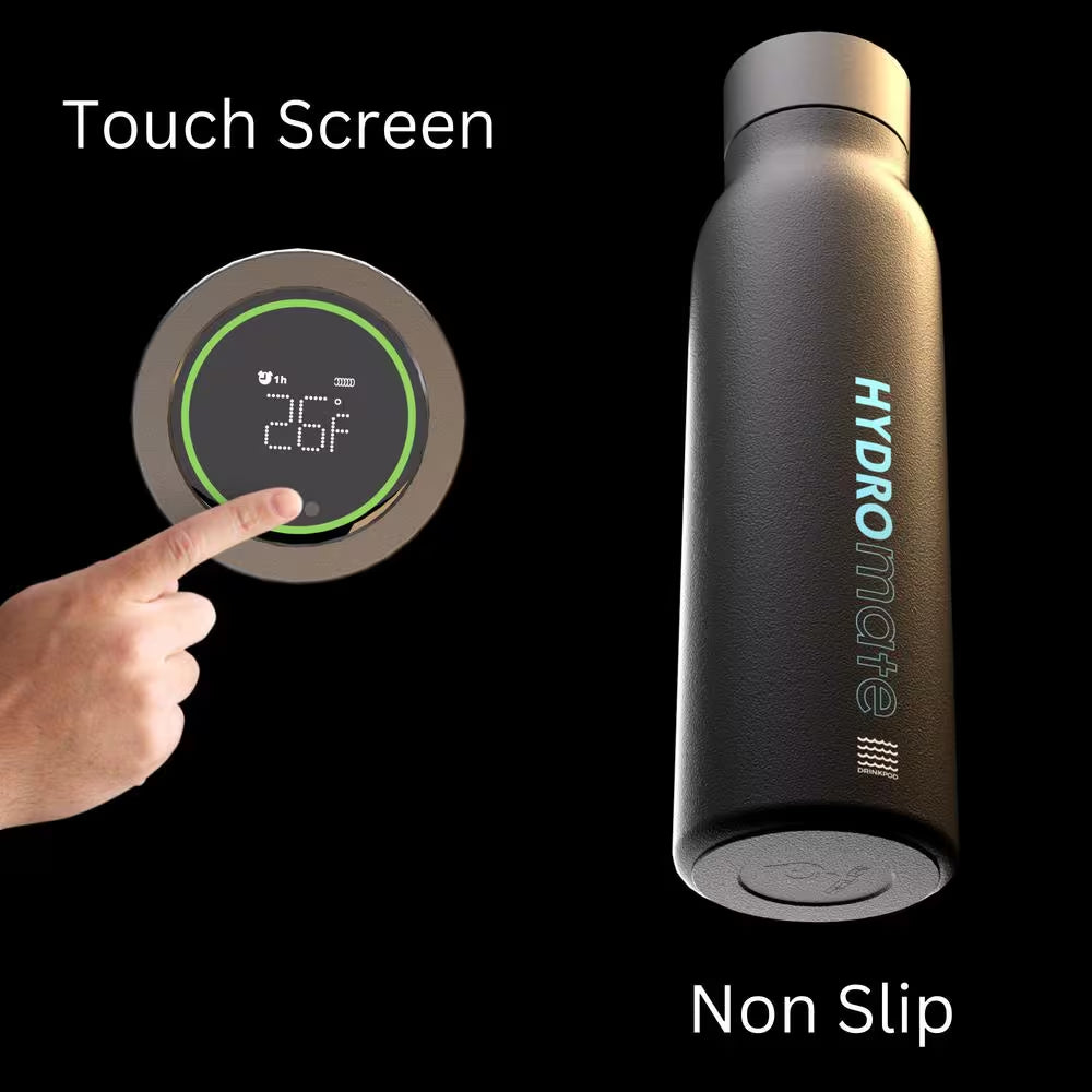 Hydromate 20 Oz. Black Stainless Steel Vacuum Insulated Hydration Water Bottle with Tracking App and Reminder Settings