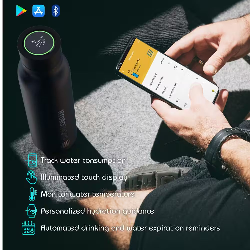 Hydromate 20 Oz. Black Stainless Steel Vacuum Insulated Hydration Water Bottle with Tracking App and Reminder Settings